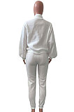 White Women Fleece Velvet Pure Color Long Sleeve Zipper Sport Casual Pants Sets NK265-1