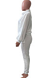 White Women Fleece Velvet Pure Color Long Sleeve Zipper Sport Casual Pants Sets NK265-1