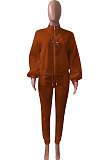 Pink Women Fleece Velvet Pure Color Long Sleeve Zipper Sport Casual Pants Sets NK265-2