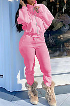 Pink Women Fleece Velvet Pure Color Long Sleeve Zipper Sport Casual Pants Sets NK265-2