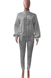 Pink Women Fleece Velvet Pure Color Long Sleeve Zipper Sport Casual Pants Sets NK265-2
