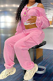 Pink Women Pure Color Casual Zipper Hoodie Top Side Pocket Pants Sets DY6677-1