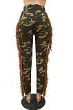 Neon Green Casual Camouflage Printed Hole Tassel Slim Fitting Jean Pants CM2161-4