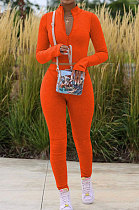 Orange Women Pure Color Long Sleeve Zipper Sexy Sport Bodycon Pants Sets ED8528-1