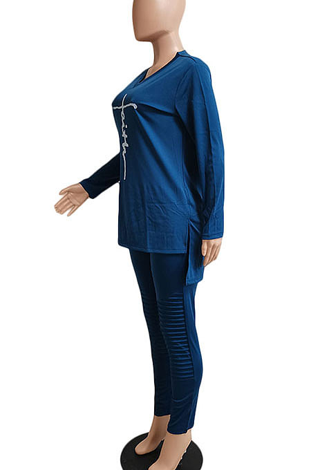 Blue Euramerican Women Letters Printing Irregular V Collar Ruffle Casual Pants Sets DY66181-5