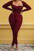Wine Red Fashion Sexy Long Sleeve Square Neck Slit Tos Skinny Pants Plain Color Sets LSZ91195-3