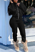 Black Women Fleece Velvet Pure Color Long Sleeve Zipper Sport Casual Pants Sets NK265-4