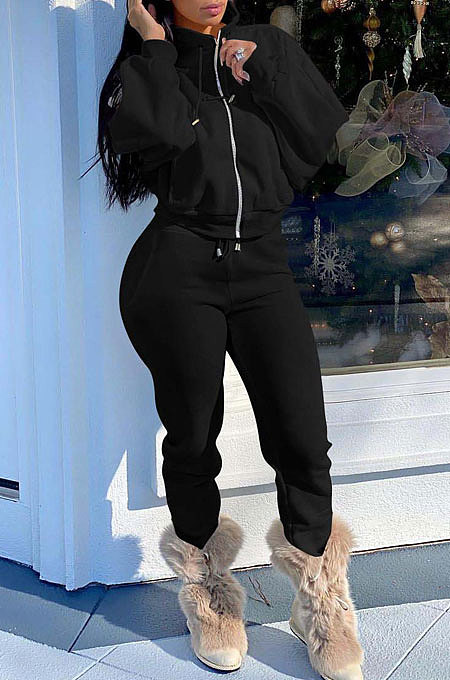 Gray Women Fleece Velvet Pure Color Long Sleeve Zipper Sport Casual Pants Sets NK265-3