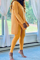 Yellow Euramerican Women Letters Printing Irregular V Collar Ruffle Casual Pants Sets DY66181-2