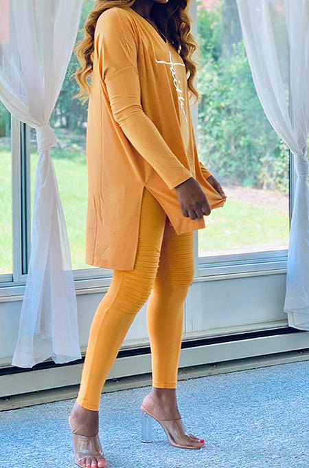 Yellow Euramerican Women Letters Printing Irregular V Collar Ruffle Casual Pants Sets DY66181-2
