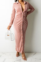 Pink Women Fashion Sexy Long Sleeve Solid Color Shirred Detail Single-Breasted Tight T Shirt/Shirt Dress DY6950-2