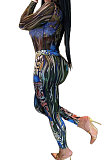 Blue Women Autumn Winter Tiger Printing Mesh Spaghetti Pants Sets BYQ3112