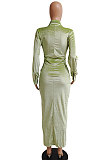 Khaki Women Fashion Sexy Long Sleeve Solid Color Shirred Detail Single-Breasted Tight T Shirt/Shirt Dress DY6950-1