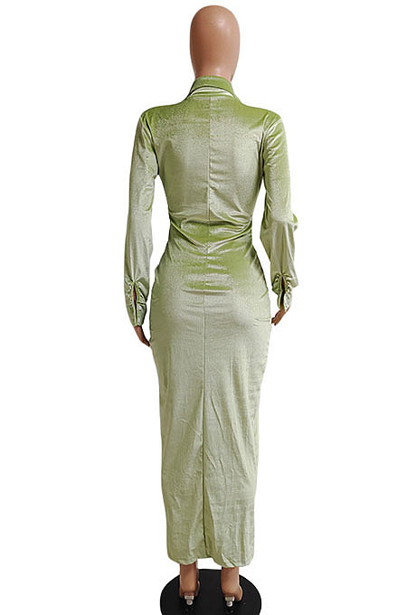Khaki Women Fashion Sexy Long Sleeve Solid Color Shirred Detail Single-Breasted Tight T Shirt/Shirt Dress DY6950-1