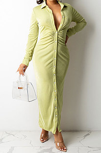 Green Women Fashion Sexy Long Sleeve Solid Color Shirred Detail Single-Breasted Tight T Shirt/Shirt Dress DY6950-3