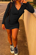 Black Women Long Sleeve Hoodie Pure Color Zipper Bodycon Ribber Mini Dress ED8529-2