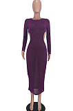 Purple Euramerican Women Fashion Sexy Dew Waist Perspectivity Round Collar Mid Waist Midi Dress ED8530-1