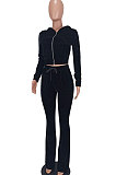 Wholesale-product | Orange Women Solid Color Pleuche Casual Hoodie Zipper Wide Leg Pants Sets ED8527-3