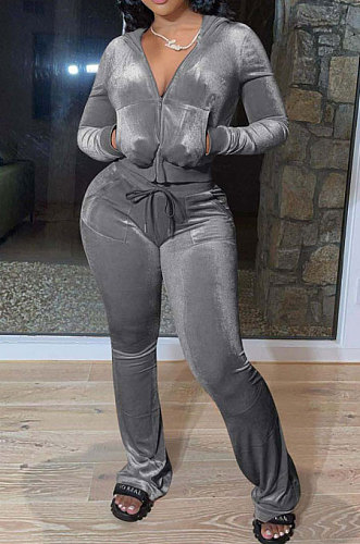 Wholesale-product | Gray Women Solid Color Pleuche Casual Hoodie Zipper Wide Leg Pants Sets ED8527-6