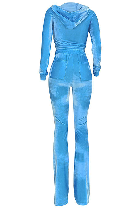 Wholesale-product | Pink Women Solid Color Pleuche Casual Hoodie Zipper Wide Leg Pants Sets ED8527-1