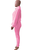 Pink Women Fleece Velvet Pure Color Long Sleeve Zipper Sport Casual Pants Sets NK265-2
