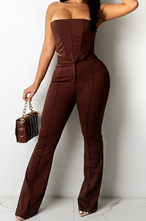 Coffee Sexy Night Club Pure Color Zip Back Strapless Flare Pants Slim Fitting Suit CM2162-1