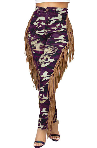 Neon Green Casual Camouflage Printed Hole Tassel Slim Fitting Jean Pants CM2161-4