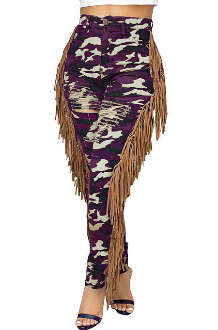 Neon Green Casual Camouflage Printed Hole Tassel Slim Fitting Jean Pants CM2161-4