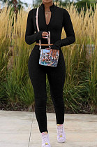Black Women Pure Color Long Sleeve Zipper Sexy Sport Bodycon Pants Sets ED8528-2