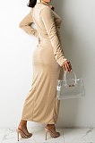 Green Women Fashion Sexy Long Sleeve Solid Color Shirred Detail Single-Breasted Tight T Shirt/Shirt Dress DY6950-3