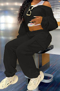 Black Women Pure Color Casual Zipper Hoodie Top Side Pocket Pants Sets DY6677-4