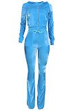 Wholesale-product | Orange Women Solid Color Pleuche Casual Hoodie Zipper Wide Leg Pants Sets ED8527-3
