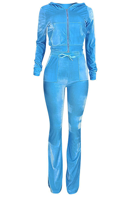 Wholesale-product | Orange Women Solid Color Pleuche Casual Hoodie Zipper Wide Leg Pants Sets ED8527-3