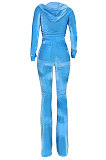 Wholesale-product | Orange Women Solid Color Pleuche Casual Hoodie Zipper Wide Leg Pants Sets ED8527-3