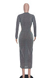 Purple Euramerican Women Fashion Sexy Dew Waist Perspectivity Round Collar Mid Waist Midi Dress ED8530-1