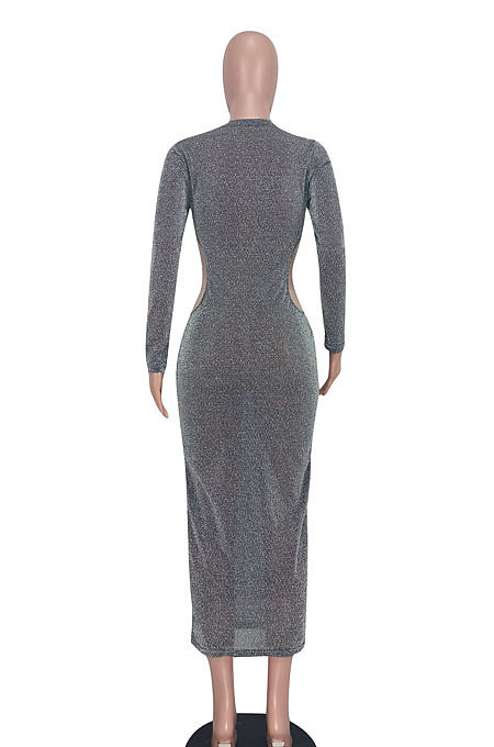 Purple Euramerican Women Fashion Sexy Dew Waist Perspectivity Round Collar Mid Waist Midi Dress ED8530-1