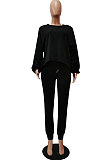 Black Modest New Puff Sleeve Irregularity Hoodie Tops Jogger Pants Plain Color Suit CM2165-5