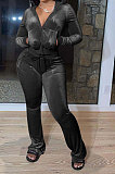 Wholesale-product | Orange Women Solid Color Pleuche Casual Hoodie Zipper Wide Leg Pants Sets ED8527-3