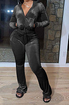 Wholesale-product | Black Women Solid Color Pleuche Casual Hoodie Zipper Wide Leg Pants Sets ED8527-7