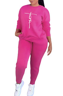 Rose Red Women Letters Printing Solid Color Pullover Pants Sets DY66301-4