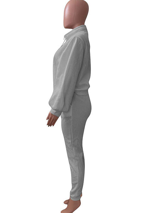 Gray Women Fleece Velvet Pure Color Long Sleeve Zipper Sport Casual Pants Sets NK265-3
