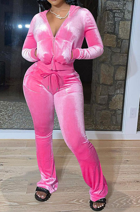Wholesale-product | Pink Women Solid Color Pleuche Casual Hoodie Zipper Wide Leg Pants Sets ED8527-1