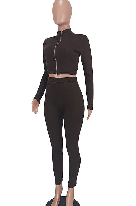 Orange Women Pure Color Long Sleeve Zipper Sexy Sport Bodycon Pants Sets ED8528-1