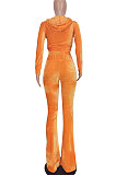 Wholesale-product | Orange Women Solid Color Pleuche Casual Hoodie Zipper Wide Leg Pants Sets ED8527-3