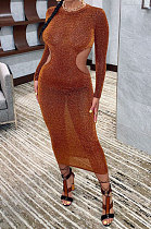 Brown Euramerican Women Fashion Sexy Dew Waist Perspectivity Round Collar Mid Waist Midi Dress ED8530-3