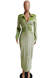 Khaki Women Fashion Sexy Long Sleeve Solid Color Shirred Detail Single-Breasted Tight T Shirt/Shirt Dress DY6950-1