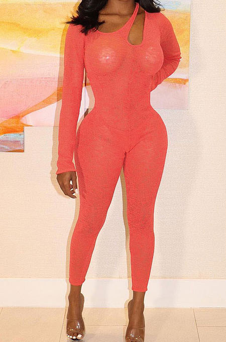 Red Sexy Night Club See-Through Long Sleeve Solid Color Bodycon Jumpsuits YT3292-2