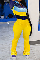 Yellow Women Sexy Velvet Spliced Long Sleeve Zipper Mid Wasit Casual Jumpsuits  ED8532-2