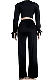 Olive Green Women Sexy Deep V Collar Pure Color High Waist Hollow Out Spliced Pants Sets KA7214-5