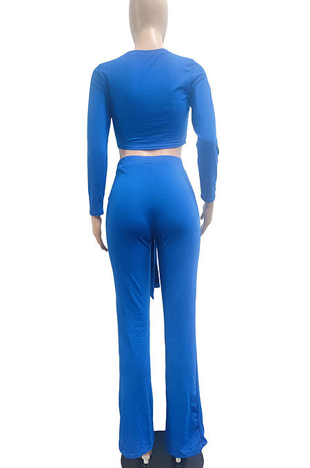 Royal Blue Women Trendy Pure Color Round Collar Long Sleeve Crop Bandage Loose Pants Sets JP1053-4